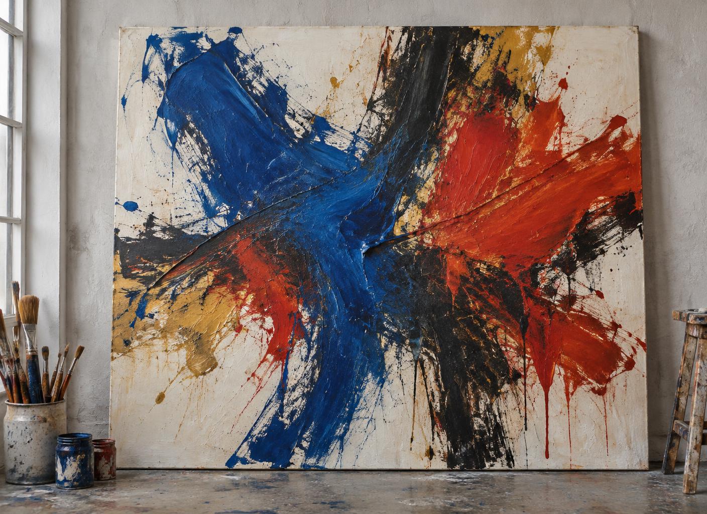 Expressive abstrakte Leinwand mit mutigen Pinselstrichen in Blau, Rot und Schwarz